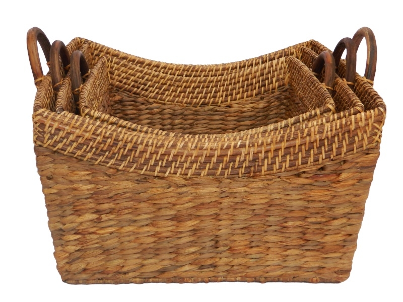 Exquisite Water Hyacinth Storage Basket with Rattan Rim - Set of 3